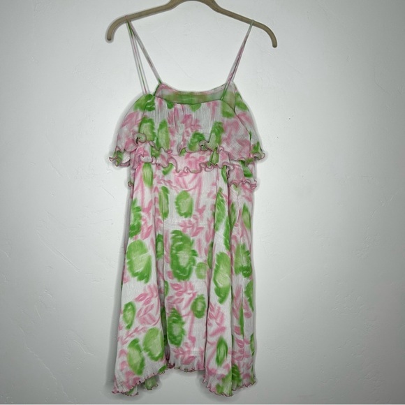 NWT Ganni Pleated Georgette Mini Dress Green Pink Floral Size 34/2 Wedding Guest - Picture 3 of 13